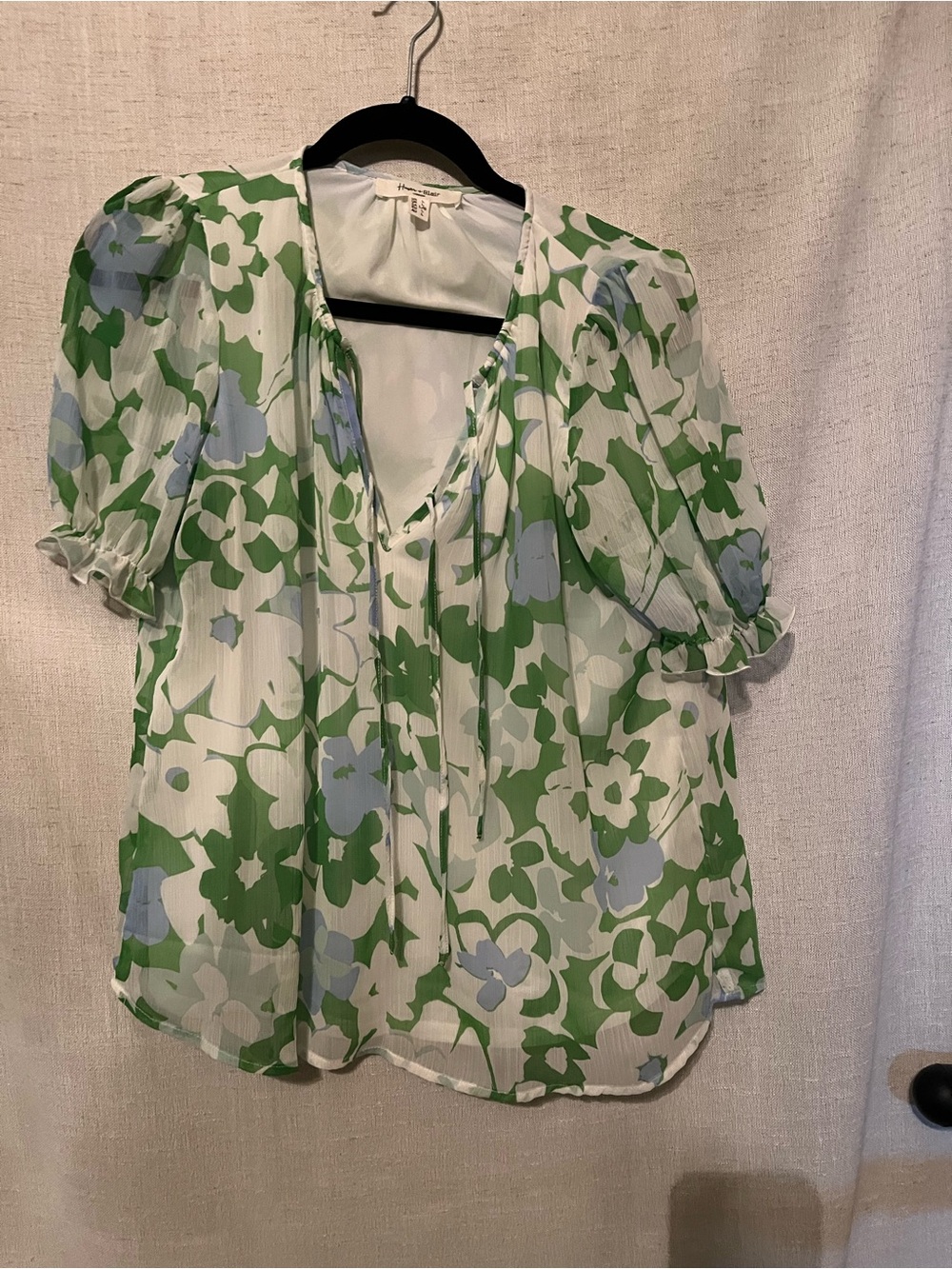 Haver & Blair Green and White Floral Puff-Sleeve Women's Top Size L